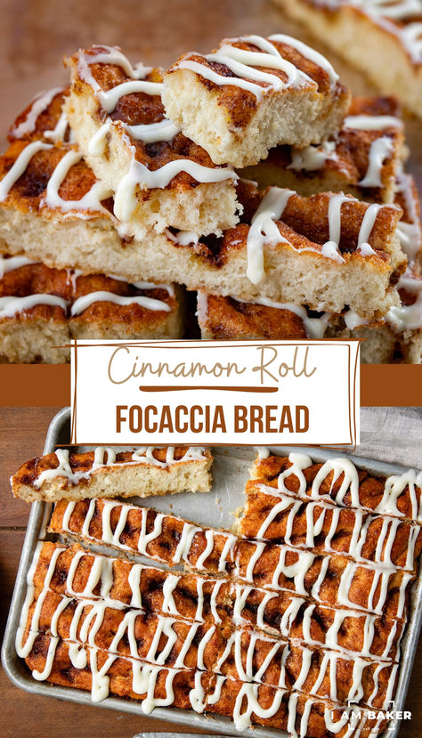 Cinnamon Roll Focaccia is a delicious twist on the classic Italian bread made with cinnamon and brown sugar and topped with a cream cheese frosting. Enjoy it in the morning with a hot cup of coffee. Or, serve it as dessert to impress your friends and family! Try this for 4th of July morning! Focaccia Bread Breakfast, Artisan Cinnamon Bread, Foccacia Cinnamon Bread Recipes, Sweet Artisan Bread Recipes, Sticky Bun Focaccia, Baking To Impress, Recipes With Focaccia Bread, Pumpkin Cinnamon Roll Focaccia, Cinnamon Rolls Focaccia