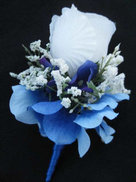 Blue Boutonniere, Baby Blue Weddings, Bud Flower, Rose Petals Wedding, Flower Boutonniere, Blue Hydrangea Flowers, Blue Wedding Flowers, Wedding Petals, Prom Flowers