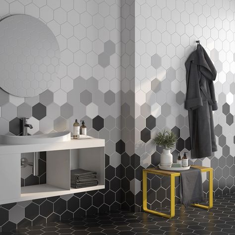 Contemporary and trendy colors in a variety of geometric shapes. Tile Layout Patterns, Kitchen Wall Tiles Design, Hexagon Tile Bathroom, Octagon Tile, Grey Interiors, Tiles Designs, Matte Porcelain Tile, Tile Layout, Bathroom Shower Walls