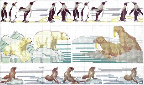 From a 1920 Thérèse de Dillmont DMC booklet a set of wonderful Arctic Animals in cross stitch including Penguins, Polar Bears, Seals and Walruses. Polar Bear Cross Stitch, Cross Stitch Software, Bear Cross Stitch, Embroidery Animals, Crochet Quote, Dmc Cross Stitch, Cross Stitch Freebies, Animal Cross Stitch Patterns, Embroidery Book