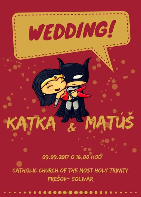 Superhero Batman/ WonderWoman wedding invitation Superhero Batman, Blue Exorcist, Wedding Idea, Holy Trinity, Catholic Church, Wedding Invitation, Birthday Invitations, Batman, Wedding Invitations