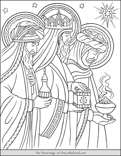 Three Magi Wise Men Coloring Page - TheCatholicKid.com Wise Men Coloring Page, Three Magi, Nativity Coloring Pages, العصور الوسطى, Roi Mage, Desen Realist, Bible Coloring Pages, Christmas Coloring Books, The Nativity