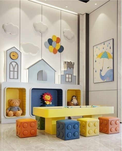 Lego Inspired Furniture, Kids Clinic Interior Design, Play School Interiors, Pediatric Waiting Room, Small Kids Playroom Ideas, Daycare Interior Design, Small Kids Playroom, Small Kids Playrooms, Kids Playroom Ideas