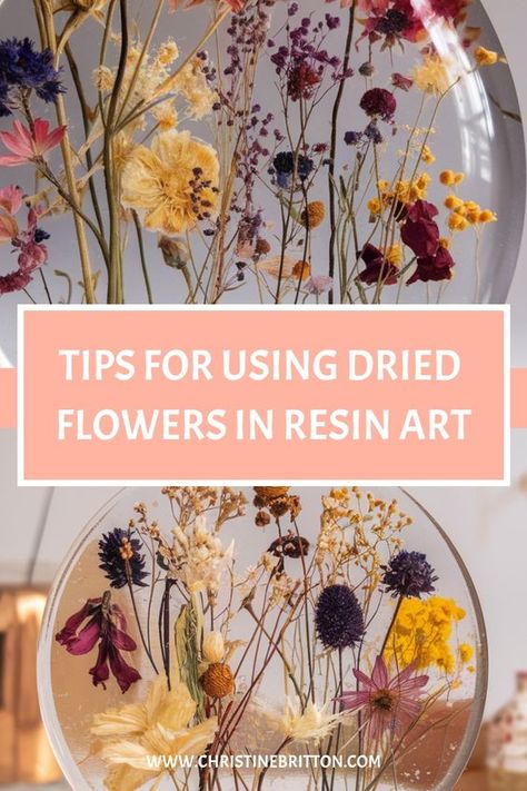 Explore the beauty of resin art combined with delicate dried flowers with our helpful guide. Learn how to create stunning resin wall art or unique jewelry pieces using dried flowers in just 7 simple steps. Whether you're a beginner or looking for new craft ideas, this DIY tutorial is perfect for you. Discover tips and techniques on how to embed and preserve dried flowers in resin to make beautiful, one-of-a-kind creations. Dried Flowers And Resin Ideas, Epoxy With Flowers, Dried Flower Resin Table, Resin Art Flower Preservation, How To Resin Flowers, How To Dry Flowers For Resin, How To Preserve Flowers In Resin, How To Make Resin Art, Flowers In Resin Diy