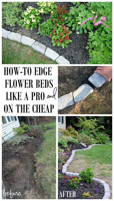 The Perfect Border for your Beds: Defining a gardens edge with inexpensive stone that fit any shape or size garden bed.  Details @ www.jennaburger.com Reka Bentuk Landskap, Rock Border, Flower Bed Edging, Stones Garden, Taman Diy, Jardim Diy, Lawn Edging, Landscape Edging, Desain Lanskap