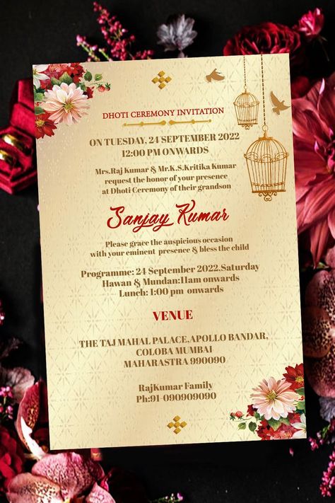 Royal Cream Theme Traditional Dhoti Invitation Card With Hanging Flowers Dhoti Ceremony, Golden Bird, Bless The Child, Bird Free, Gold Theme, Programming For Kids, Hanging Flowers, Card Tags, Invitation Card