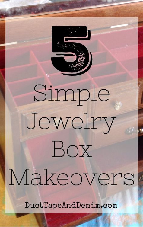 5 simple jewelry box makeovers on DuctTapeAndDenim.com  #jewelrybox #jewelryboxes #jewelryboxmakeover #jewelryboxmakeovers #thriftstorefinds #thriftstoremakeovers #DIY #upcycled #recycled #repurpose Simple Jewelry Box, Upcycle Jewelry Box, Wood Jewelry Diy, Armoire Makeover, Box Makeover, Jewelry Box Makeover, Vintage Jewelry Diy, Jewerly Displays, Painted Jewelry Boxes