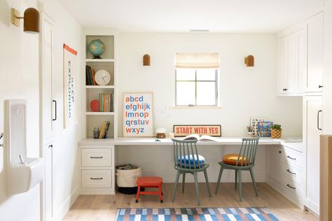 Timeless design that's crafted to last for generations at Schoolhouse. Playroom Kids Desk, Leanne Ford Office, Double Desk Kids Room Homework Station, Playroom Built Ins With Desk, Kids School Room At Home, Childrens Desk Ideas, Circle Pillows, Heritage Lighting, Kids Homework Room