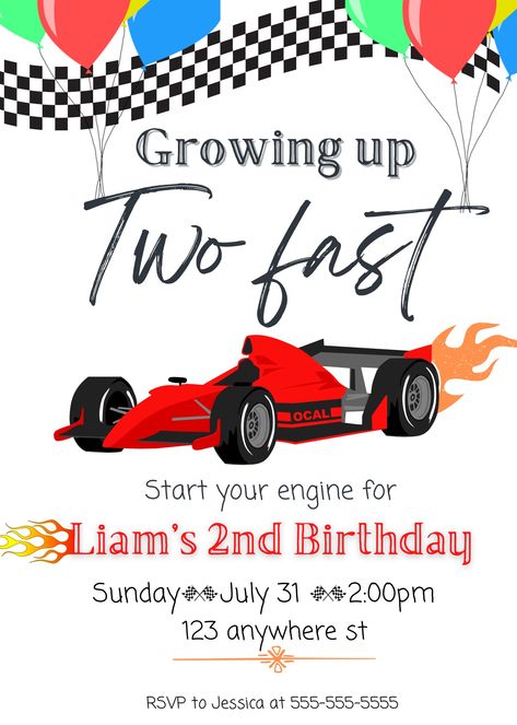 Growing Up 2 Fast Birthday Invitation, Growing Up Two Fast Birthday, Two Fast Birthday Invitation, Growing Up Two Fast, Two Fast Birthday, 2nd Birthday Party For Boys, Cars Birthday Cake, Cars Birthday Invitations, Car Theme