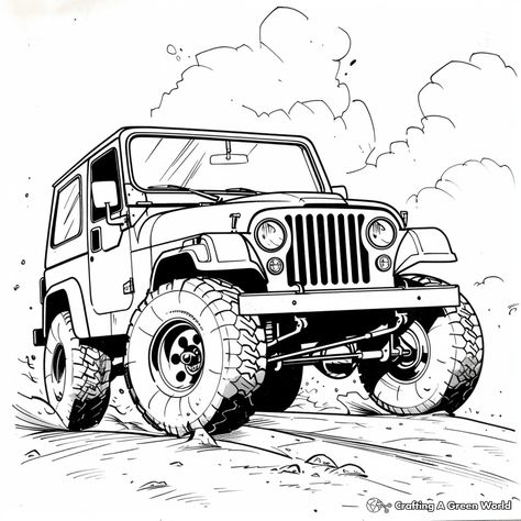 Jeep Wrangler Illustration, Jeep Wrangler Drawing, Jeep Sketch, Jeep Drawing Easy, Cartoon Car Drawing, Kindergarten Coloring Pages, Jeep Cj7, Diy Birthday Party, Jeep Cj