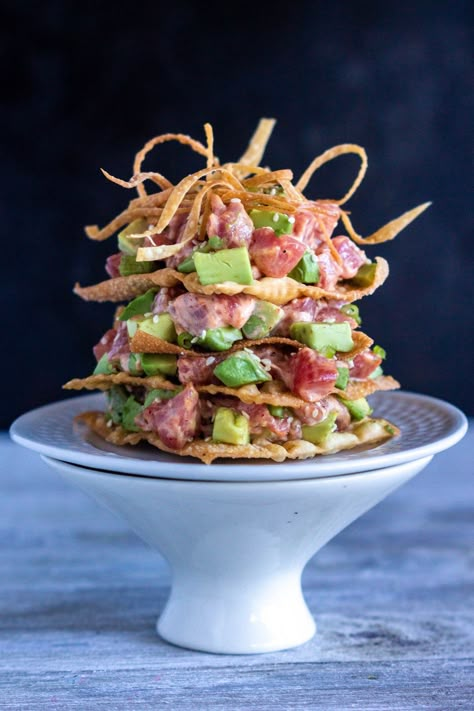 Fresh Spicy Tuna Avocado Towers | Sweet Tea and Thyme Molded Dessert Recipes, Birthday Diner, Tuna Tower, Super Easy Appetizers, Sushi Grade Tuna, Crispy Wonton, Tuna Avocado, Ahi Tuna, Spicy Mayo