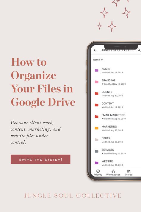 Spend less time searching for files and work more effectively, so you have more time for life outside the computer screen. Digital file organization is a basic business system your online service business needs. Get your content, marketing, and client files organized in Google Drive. #businesstips #businesssystems #businesstool #junglesoulcollective #servicebusiness File Organization System, Google Drive Organization, Digital File Organization, Organize Business, File Folder Organization, Office Organization At Work, Creative Coaching, Planner Writing, Folder Organization