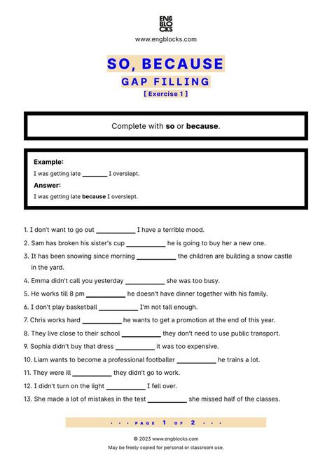 #english #englishgrammar #sovsbecause #esl #eslworksheet #engblocks #eslwebsite So Because Worksheet, The Worksheet, English Grammar Worksheets, Grammar Worksheets, Esl Worksheets, English Grammar, Grammar, Gap, For Free