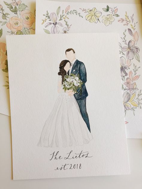 Custom watercolor wedding portrait by @annaliisamoss Bride And Groom Illustration, Wedding Watercolor Painting, Groom Illustration, Wedding Drawing, Wedding Painting, Wedding Illustration, Wedding Art, Custom Watercolor, Portrait Illustration