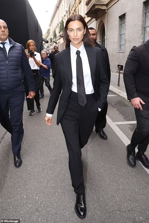 Irina Shayk joins Cate Blanchett and Alessandra Ambrosio at the Georgio Armani show | Daily Mail Online Gender Neutral Suits, Shirt And Tie Women, Girl Tux, Tie Women Outfit, Outfits With Ties, Women Suit And Tie, Women With Ties, Outfit With Tie, Women In Ties