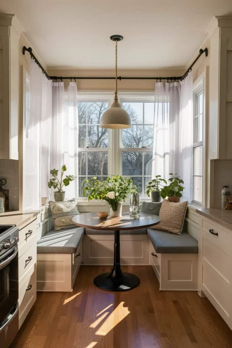 Bay Window Dining Table Breakfast Nook, Breakfast Nook Galley Kitchen, Kitchens With Breakfast Nook, Morning Room Off Kitchen Ideas, Galley Kitchen With Breakfast Nook, Apartment Nook, Small Breakfast Nook Ideas, Kitchen With Breakfast Nook, Kitchen Nook Ideas