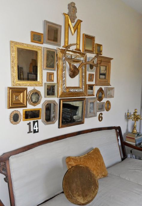 Revisionary Life - Gallery Wall using vintage industrial numbers and gilded frames with antlers Gold Frame Gallery Wall, Frame Gallery Wall, Wall Galleries, Bohemian Decor Inspiration, Frame Wall Collage, Mirror Gallery, Mirror Gallery Wall, Picture Gallery Wall, Framed Mirrors