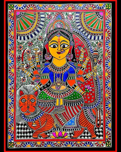 Durga Maa Madhubani Painting, Madhubani Durga Painting, Navaratri Drawings, Durga Madhubani Painting, Madhubani Embroidery, Madhubani Drawing Indian Paintings, Madhubani Paintings Traditional, Traditional Madhubani Art, Madhubani Drawing