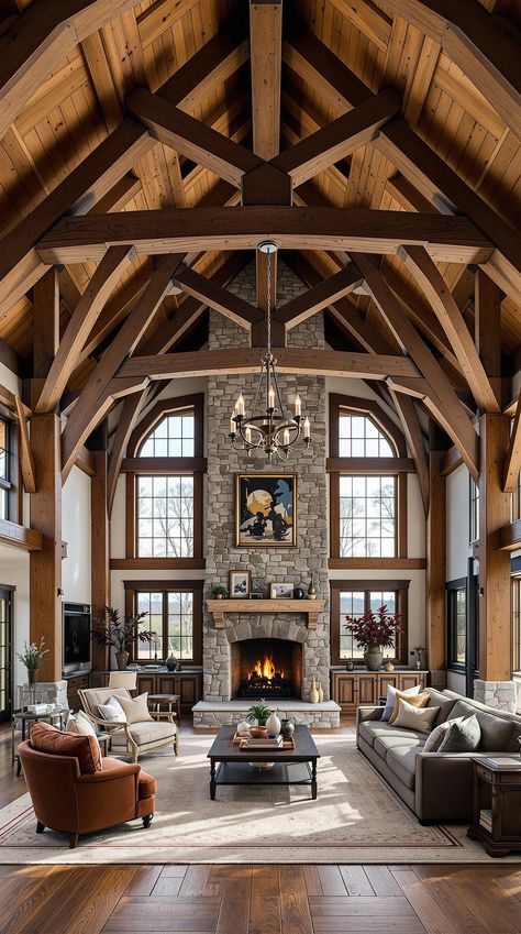 Barn Style House Ideas Timber Frame Homes Interior, Barn Style House Interior, Post And Beam Homes Interior, Post And Beam Great Room, Barnhouse Homes, Timberframe Interiors, Post And Beam Interiors, Log House Interior, Modern Barn Conversion