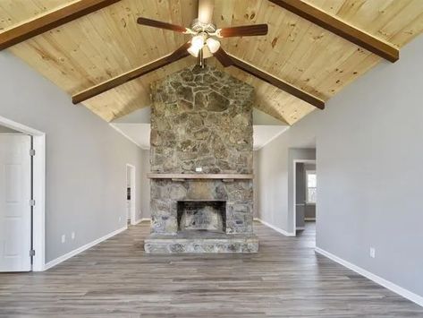 Stone Fireplace Makeover Part 3: The Big Reveal - Organized-ish 1970s Fireplace, Big Stone Fireplace, Stone Fireplace Living Room, 1970s Living Room, Before And After Makeover, Stone Fireplace Makeover, Floating Fireplace, Potter House, Natural Stone Fireplaces