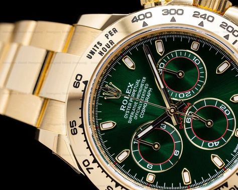 Rolex Daytona 116508 18k Yellow Gold / Green Dial 2020 #Rolex #Daytona #Horology #Rolex116508 Authentic Watches, Watch Companies, Rolex Daytona, Rolex Watches, Rolex, Wrist Watch, Like New, Yellow Gold, Yellow