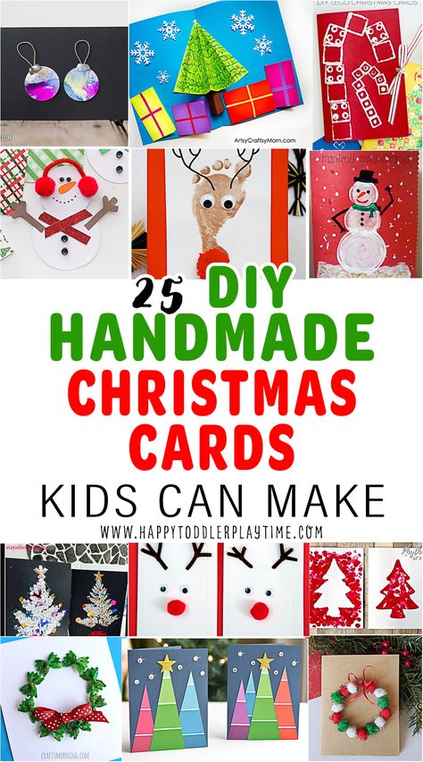 25 Easy DIY Advent Calendars for Kids - HAPPY TODDLER PLAYTIME Kids Handmade Christmas Cards, Toddler Cards Handmade, Kids Christmas Cards Handmade, Toddler Christmas Cards, Free Printable Christmas Cards, Simple Holiday Cards, Diy Holiday Cards, Handprint Christmas, Fun Christmas Cards