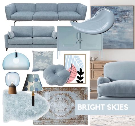 Bright Skies Living Room Ideas Dulux Colour of the Year 2022 - sky blue images of products on a mood board Sky Blue Sofa Living Room Ideas, Light Blue Sofa Living Room Ideas, Sky Blue Living Room, Light Blue Sofa Living Room, Sky Blue Sofa, Modern Lounge Rooms, Colour Of The Year 2022, Duck Egg Blue Colour, Light Blue Sofa