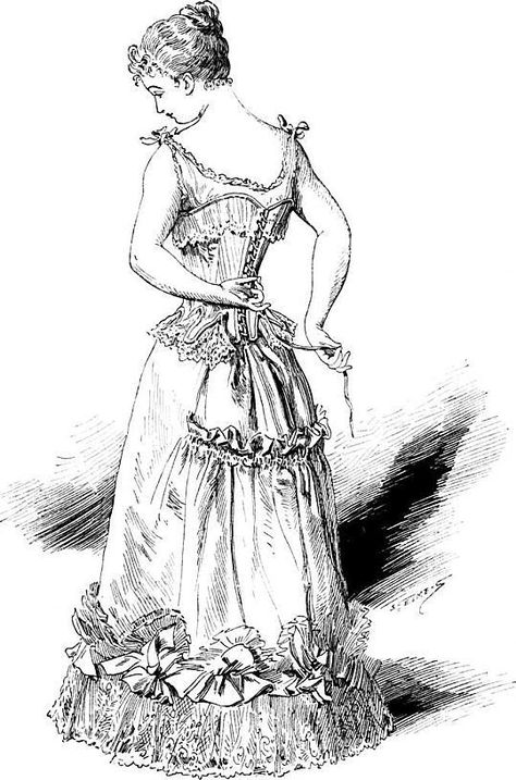 Le corset à la Belle Epoque - 4eme partie : L'art de se corseter Victorian Era Corset, Corset Illustration, Corset Drawing, Time Artwork, Emma Woodhouse, Lace Drawing, Victorian Corset, College Board, Corset Fashion