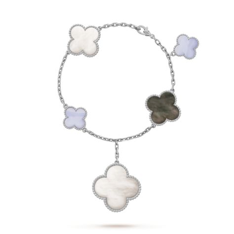 Magic Alhambra bracelet, 5 motifs, - 3|4 View - VCARL62400 - Van Cleef & Arpels Alhambra Van Cleef, Alhambra Bracelet, Van Cleef And Arpels Jewelry, Van Cleef & Arpels, Van Cleef And Arpels, Chalcedony Stone, Van Cleef Arpels, Van Cleef, Love Bracelets