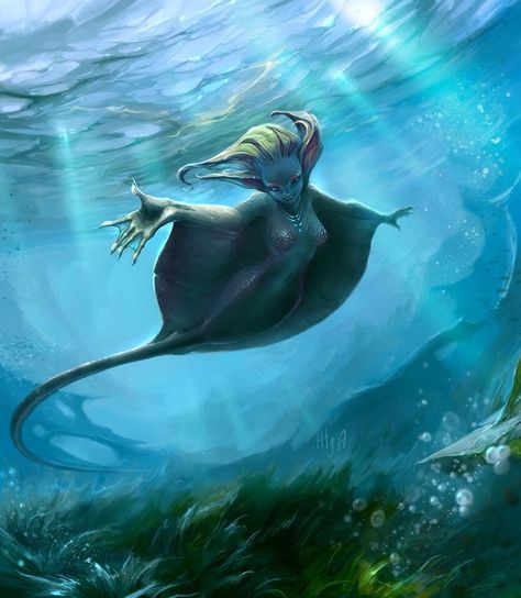 Stingray mermaid, because stingrays and sharks are closely related and stingray mermaids are rarer than shark mermaids. Fantasy Underwater, Art Vampire, Creature Marine, Dengeki Daisy, Anime Mermaid, Fantasy Mermaids, Mermaid Swimming, Mermaid Fairy, Mermaid Drawings