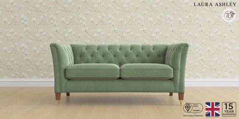 Buy Chatsworth Button Back by Laura Ashley Small Sofa Ailsworth Moss Green Straight Brass Castor - Teak from the Next UK online shop Laura Ashley Sofa, Ashley Sofa, New House Living Room, Accent Arm Chairs, Small Sofa, Custom Sofa, Linen Shop, Wedding Guest Dress Summer, Sofas And Chairs