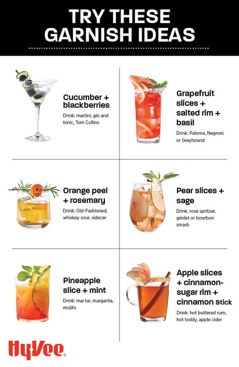 Garnishes are technically optional. But these garnishes bring out the flavors of some of our favorite cocktails. So, maybe they're not optional? We'll let you decide. Cool Cocktail Garnishes, Garnishing Ideas Mocktail, Martini Garnish Ideas, How To Garnish Cocktails, Drink Garnish Ideas Cocktails, Drinks Garnish Ideas, Cocktails Garnish Ideas, Cocktail Garnish Ideas Creative, Coffee Garnish