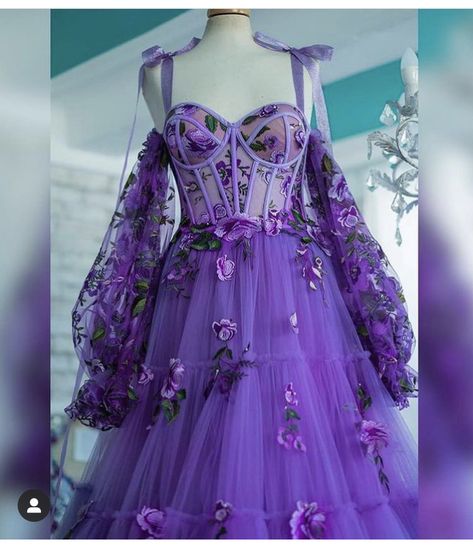 Purple Ballgown Aesthetic, Fairy Dress Purple, Light Purple Fairy Dress, Purple And Green Prom Dress, Corset Purple Prom Dress, Purple Fantasy Wedding, Enchanted Forest Prom Dresses Purple, Corset Dress Purple, Purple Dress With Flowers