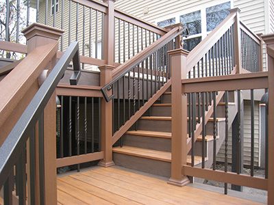 Railing Deck Ideas, Rod Iron Railing, Refinish Stairs, Porch Handrails, Fence Railing, Cable Railing Deck, Aluminum Railing Deck, Composite Deck Railing, Deck Balusters