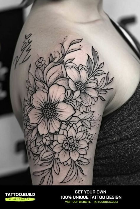 Elegant Ladies Shoulder Tattoo Ideas Beautiful Floral Designs for Stylish Women Tattoo Build Back Shoulder Flower Tattoos For Women, Floral Shoulder Cap Tattoo Fine Line, Back Shoulder Floral Tattoo, Peony Collar Bone Tattoo, Large Shoulder Tattoos For Women, Upper Shoulder Tattoos, Flower Tattoo Designs Shoulder, Shoulder Bicep Tattoo, Shoulder Tattoos For Women Elegant