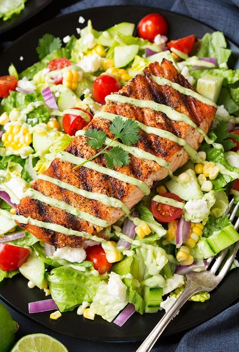 Mexican Grilled Salmon Salad (with Avocado Ranch!) - Cooking Classy Mexican Salmon, Low Carb Salmon Recipes, Salmon Salad Recipe, Grilled Salmon Salad, Avocado Ranch Dressing, Greek Yogurt Chicken Salad, Greek Yogurt Chicken, Salmon Salad Recipes, Resep Seafood