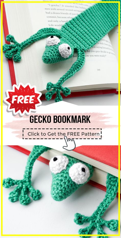 crochet Gecko Bookmark free pattern - easy crochet bookmark pattern for beginners Crochet Gecko, Free Pattern Knitting, Crochet Bookmarks Free Patterns, Easy Crochet Bookmarks, Marque-pages Au Crochet, Bookmark Crochet, Crochet Men, Crochet Bookmark Pattern, Animal Crochet