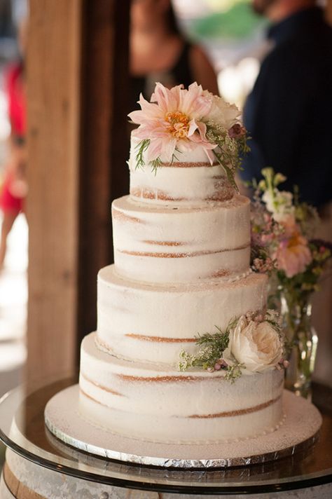 flower topped barely frosted wedding cake Wedding Cake With Flowers, Summer Reception, Cake With Flowers, Summer Wedding Cakes, Wedding Cake Tops, Buttercream Wedding Cake, Naked Cakes, Wedding Cake Rustic