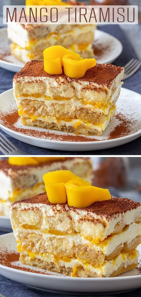 Mango tiramisu is a fruity version of the classic Italian dessert. Layers of ladyfingers, mascarpone mixture and mango sauce are finished off with cocoa and some fresh mango slices. #happyfoodstube #mango #tiramisu #dessert #cake #recipe #nobake #italianfood #italian #homemade via @happyfoodstube Mango Passionfruit Tiramisu, Mango And Pineapple Recipes, No Bake Mango Dessert, Baking With Mango, Dessert Recipes Mango, Mango Dinner Recipes, Passionfruit Tiramisu, Ladyfingers Recipe Desserts, Fruity Tiramisu