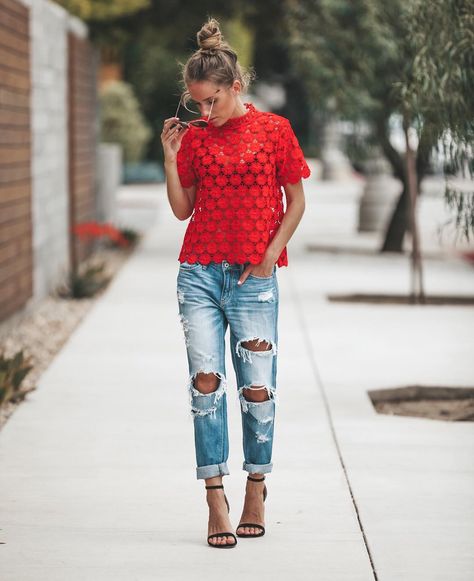 Spring Styles you don’t want to miss! • Brookhaven Lace Crochet Top • Crawford Distressed Boyfriend  Shop >> www.shopsohostyle.com #ootd… Red Lace Top Outfit Jeans, Red Lace Shirt Outfit, Red Crochet Top Outfit, Red Top And Jeans Outfit, Red Lace Top Outfit, Red Top Outfit Casual, Red Blouse Outfit, Red Tshirt Outfit, Red Shirt Outfit