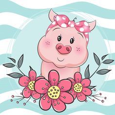 Cerdo de dibujos animados con flores en fondo azul Vector Premium Piggy Drawing, Cute Piggy, Pig Painting, Pig Pictures, Pig Drawing, Pig Illustration, Pig Art, 강아지 그림, Pig Cartoon