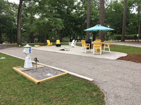 Rv Pad In Yard, Rv Sites Landscaping, Campground Layout Ideas, Rv Park Ideas, Rv Pad Ideas, Rv Parking Pad Ideas Backyard, Rv Site Setup Ideas, Rv Parking Pad Ideas, Camp Grounds Ideas