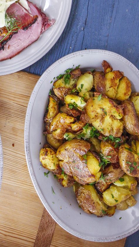 Rachael's Crispy Squished Potatoes Squished Potato Recipes, Stilton Recipes, Warm Potato Salad, Warm Potato Salads, Stilton Cheese, Savory Sides, Easter 2021, Rachel Ray, Grilled Zucchini