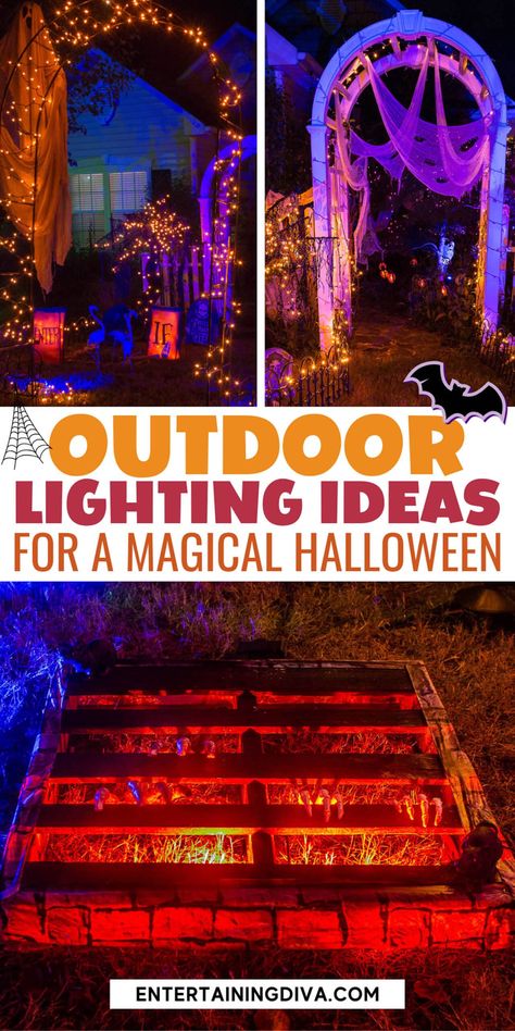 Outdoor Lighting Ideas For A Magical Halloween | Halloween Easy Scary Halloween Decorations, Spooky Outdoor Halloween Decorations, Spooky Outdoor Halloween Decor, Halloween Lighting, Halloween Lighting Outdoor, Magical Halloween, Outdoor Lighting Ideas, Halloween Outside, Yard Haunt