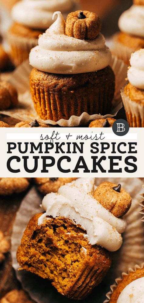 These adorable pumpkin cupcakes are so moist and topped with silky cream cheese frosting. Adorn them with the cutest little homemade edible pumpkins to make these cupcakes extra special! #pumpkinspice #pumpkinscupcakes #pumpkincake #butternutbakery | butternutbakeryblog.com Pumpkin Cupcakes With Cream Cheese, Cupcakes With Cream Cheese Frosting, Delicious Cream, Spice Cupcakes, Pumpkin Cupcakes, Pumpkin Spice Cupcakes, Köstliche Desserts, Pumpkin Dessert, Fall Baking