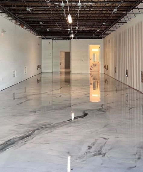 Expoy Floor Ideas, Glossy Epoxy Floor, Black Epoxy Basement Floor, Epoxy Floor In Salon, Modern Epoxy Flooring, Metallic Garage Floor, Epoxy Gym Floor, Gray Epoxy Garage Floor, Barndominium Epoxy Floor