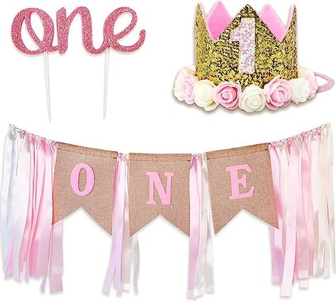 #oneyear #birthday #girlsbirthday #caketopper #decorations #banner #pink 1st Birthday Decoration, High Chair Decorations, Simple First Birthday, First Birthday Crown, First Birthday Hats, 1st Birthday Party Decorations, First Birthday Party Decorations, Happy First Birthday