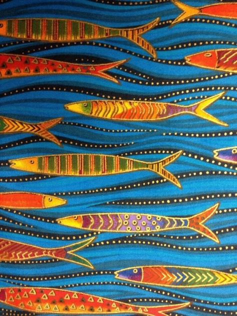 Folk Art Fish Patterns, Ocean Folk Art, Fish Mural, Gold Fish Painting, Fish Collage, Laurel Burch Art, Dyi Art, Folk Art Fish, Fly Fishing Art