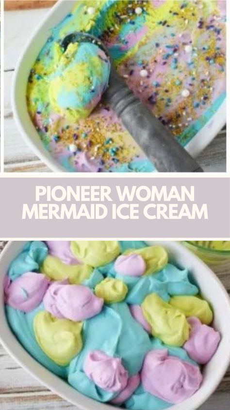 Pioneer Woman Mermaid Ice Cream recipe is made with heavy cream, powdered sugar, clear vanilla extract, sweetened condensed milk, and neon gel food coloring it takes about 6 hours to be ready serves 8. Pioneer Woman Ice Cream Recipes, Pioneer Woman Homemade Ice Cream, Pioneer Woman Ice Cream Cake, Pioneer Woman Brownie Ice Cream Bites, Pioneer Woman Orange Chocolate Ice Cream, Mermaid Ice Cream, Pioneer Woman Desserts, Pioneer Kitchen, Condensed Milk Ice Cream