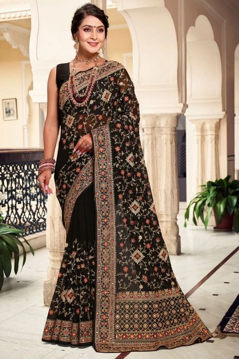 Kashmiri Embroidered Black Georgette Saree Black Georgette Saree, Resham Embroidery, Heavy Work, Embroidered Saree, Georgette Blouse, Ethnic Looks, Black Saree, Blue Saree, Georgette Saree